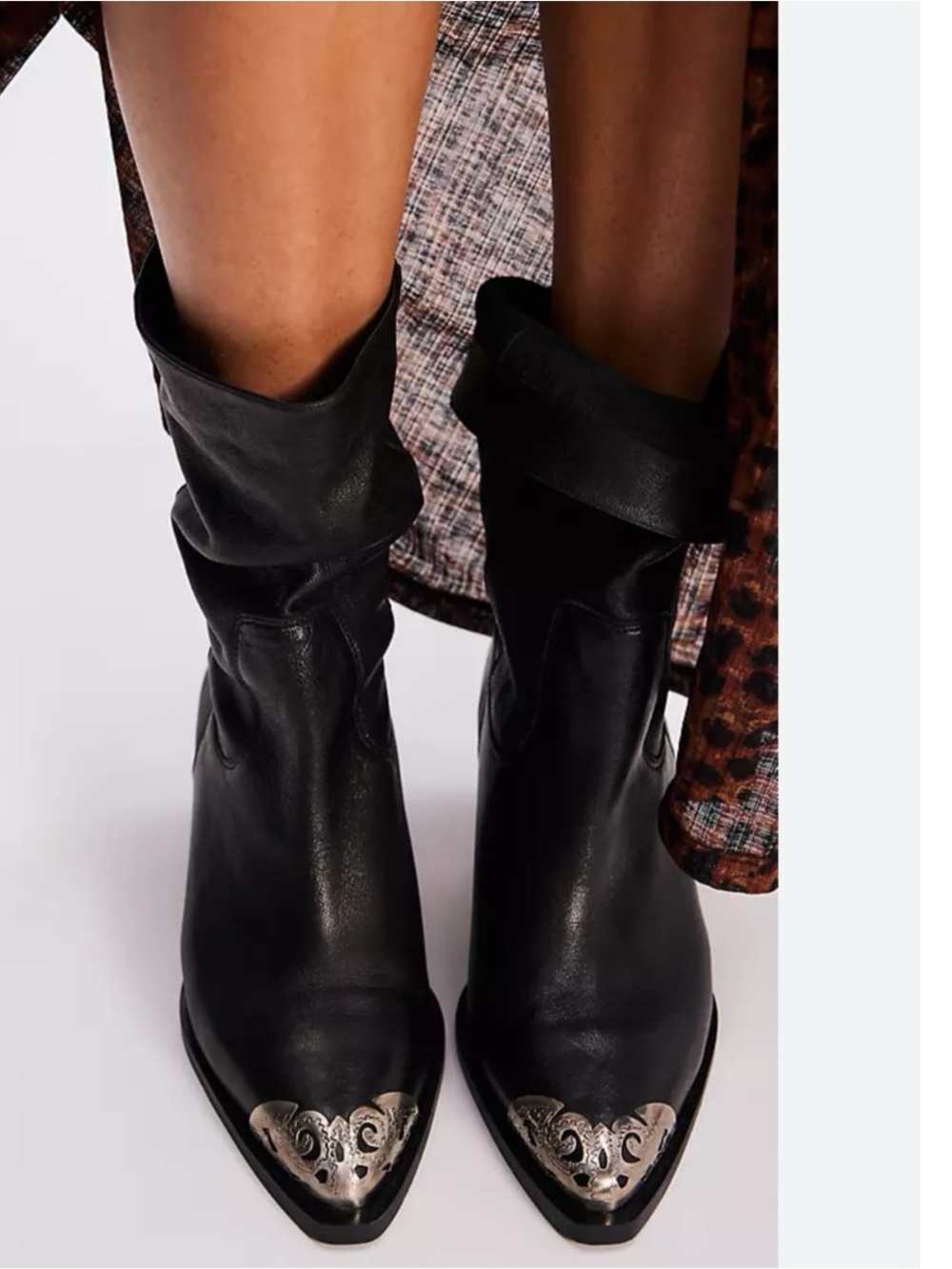 Free People Black Leather Pointed Ankle Boots Silver Toe Caps “Faster Horses”